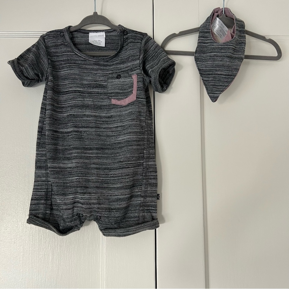 Kidding Around Baby Toddler Romper Grey w/ Purple Accents and Coordinating Bib